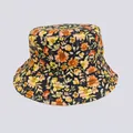 Detailed view of bucket hat with vintage orange floral print and reinforced stitching - M (56-58cm) / Black Yellow Orange Sunflower (25#)
