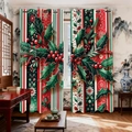 Details von Weihnachts-Samtvorhängen mit Stechpalmenmustern und Metall-Aufhängeringen - 142x160cm (2 Paneele) / Rot Grün Weiß Weihnachtsmuster