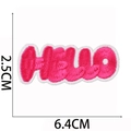 Close-up showing 6.4cm x 2.5cm dimensions of a pink HELLO embroidered patch - No.4-HELLO Lettering