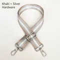 Close-up of khaki and silver striped nylon bag strap with metal hooks and buckle - Khaki + Silver Hook