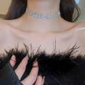 Close-up of sparkling rhinestone square choker necklace on elegant model collarbone - 44# Necklace - Geometric Square Rhinestone - Silver
