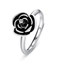 Silver open ring with a 3D black rose floral design on a clean white background - Silver Black Rose Style (WG-0200)