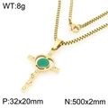 Gold stainless steel cross necklace with green stone and rhinestones, 32x20mm pendant - Green Gemstone Cross Style (KN295062-Z)