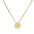 Gold stainless steel necklace with a circular pendant featuring the engraved letter V - Letter V (KN118660-K)