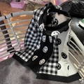 Warm knitted winter scarf with black and white houndstooth and smiley face patterns - Black Double-sided Smiley