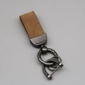 Brown suede leather car keychain with dark grey metal rings and stitch detail - Short Style / Coffee/Gun Grey