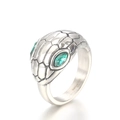 Silver snake head ring with green gemstone eyes and detailed scale texture engraving - US 8 / Silver