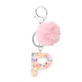 Pink faux fur pompom keychain with resin letter P filled with colorful heart sequins - Letter P