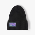 Berretto in maglia a coste nere con etichetta tessuta a contrasto viola e verde - Taglia unica / Nero
