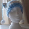 Blue and white striped knit cat ear hat with side tassels and white pom-poms - Light Blue White Ball