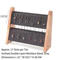 Double-layer wooden necklace display stand with 17 slots in grey velvet finish - Inclined 2-Layer Necklace Rack Grey