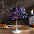 Halloween bucket hat with colorful bat and star prints on a spooky pumpkin background - M (56-58cm) / Rose Red Bat Stars