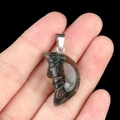 Carved moon face pendant in green moss agate stone with silver metal bail - Green Indian Agate