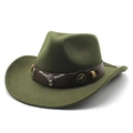 Detail of olive green wool felt cowboy hat with leather band and bull head metal ornament - M (56-58cm) / Army Green