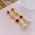 Detail of vintage earrings with baroque pearl, green gem, and red stone accents - 19# Vintage Baroque Pearl Long - Gold-White-Blue