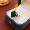 Retro silver open ring with large oval green gemstone and white zircon accents - Oval Halo Open Style / Green