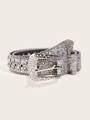 Close-up of sparkling silver rhinestone belt with shimmering crystals and metal buckle - Silver