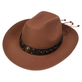 Brown wool western cowboy hat featuring bronze rivets and a golden vintage emblem - 106-Camel