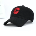 Close-up of a black cotton baseball cap with a premium 3D red embroidered C letter logo - One Size Adjustable / Black