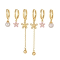Golden star and moon earring set with pink zircon flowers and hanging pearl pendants - TZ00191 Gold - Pearl Flower Tassel 3-Pair Set