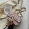 Elegant multi-colored tweed shoulder bag with gold chain strap and turn-lock closure - White