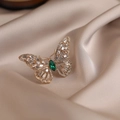 Elegant gold butterfly brooch with sparkling crystals and emerald green centerpiece stone - 505# Butterfly