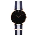 Hannah Martin minimalist watch with black dial and blue-white nylon NATO strap - Rose Gold Case Blue White NATO Strap