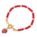 Damenperlenarmband mit 4mm roten Perlen, Goldakzenten und herzförmigem Drahtanhänger - Hohlmetall-Herzanhänger/Runder Federverschluss / Rot