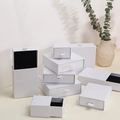 White drawer-style jewelry box set with black sponge insert and white ribbon pull handle - Pearl White