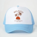 Blue and white trucker hat with sunset palm tree print and Relaxed lettering - One Size / Sky Blue Multi