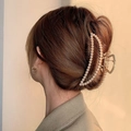 Elegant gold metal hair claw clip with large pearls worn on female updo hairstyle - Pearl Half Moon Style(FJ128)