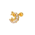 Golden crescent moon and star stud earring with white zircons and screw back closure - Moon (K-351)