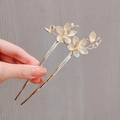 Golden U-shaped hair pin featuring elegant pearl flower design for elegant updos - Enamel Peach Blossom - Cyan