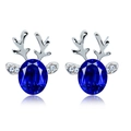 Sparkling silver reindeer stud earrings with deep blue oval crystals and tiny diamonds - Silver-Royal Blue Crystal