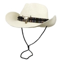Detail of white cowboy hat with bohemian colorful band and silver bull skull accessory - M (56-58cm) / Creamy White