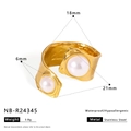 Gold-plated stainless steel open ring featuring two white pearls on a hammered band - Hammered Multi-Pearl Style (NB-R24345)