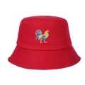 Red cotton bucket hat with colorful rooster embroidery shown on a clean white background - Adjustable / Rose Red