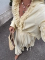 Elegant light yellow pleated two-piece set with ruffle long sleeve top and wide leg pants - S / Light Yellow Set