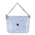 Detail view of light blue sequined coin purse with gold chain strap and button clasp - Light Blue