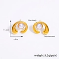 Detail of C-shaped gold titanium steel earrings with white glue beads and sizing info - Gold