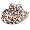 Cappello da cowboy in peluche leopardato con fascia in corda e fibbia metallica - M (56-58cm) / Corona a Cuore Beige