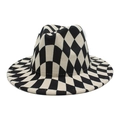 Macro detail of black and white checkerboard pattern wool fedora hat texture - M (56-58cm) / Black Beige Grid