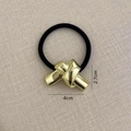 Golden knot oval metal hair tie with black high-elastic rubber band, 4cm width charm - Gold Ribbon Knot