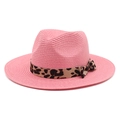 Detailed texture of pink woven fedora hat featuring a leopard print ribbon bow - M (56-58cm) / Dusky Pink