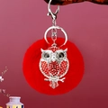 Sparkling owl keychain with red faux fur pompom and silver diamond-studded metal charm - A430 Owl T Red Plush Ball