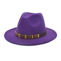 Detailed view of purple fedora hat featuring a dark band with shell and gold stud accents - M (56-58cm) / Purple