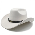 Classic white faux suede cowboy hat with wide brim and decorative brown leather band - M (56-58cm) / Beige (Suede)
