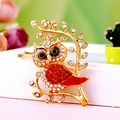 Gold owl keychain with white and red rhinestones on a branch for bags and car keys - A430 Owl J Red