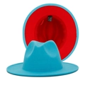 Two-tone felt fedora hat in cyan and red British style vintage jazz hat for men and women - M (56-58cm) / Sky Blue with Red Inside