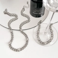 Ensemble collier et bracelet à mailles cubaines argentées avec cœurs en strass - Collier Argenté (CDP857)